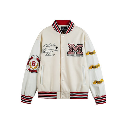 Brand Letter Emblem Leather Patchwork Baseball Jacket Men