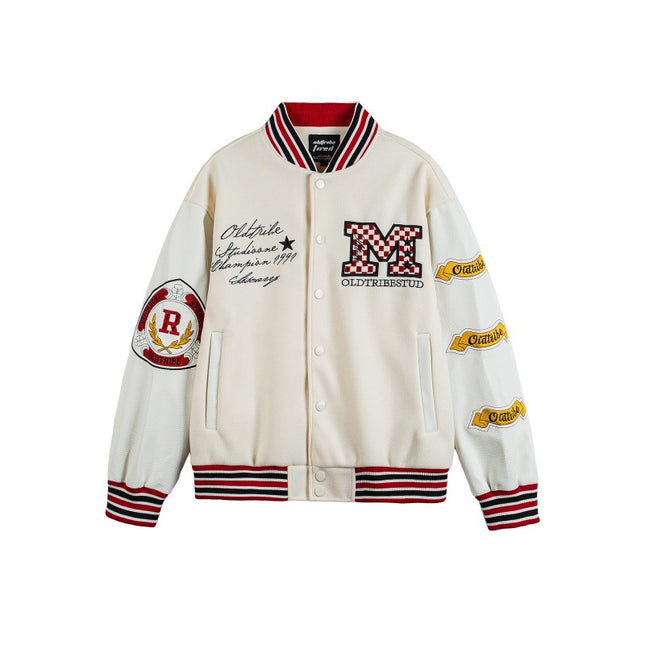 Brand Letter Emblem Leather Patchwork Baseball Jacket Men