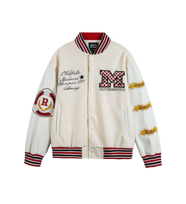 Brand Letter Leather Patchwork Baseball Jacket – Retro Loose Fit