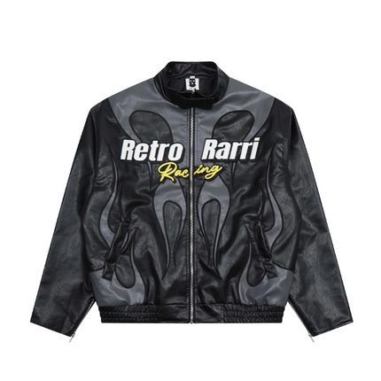 Grozavu's Flame Letter Leather Jacket: American Style for Men at €105.99