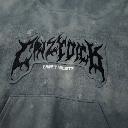 Close-up of the Letter Applique Washed Hoodie – Loose Fit showcasing bold street fashion and edgy letter design.