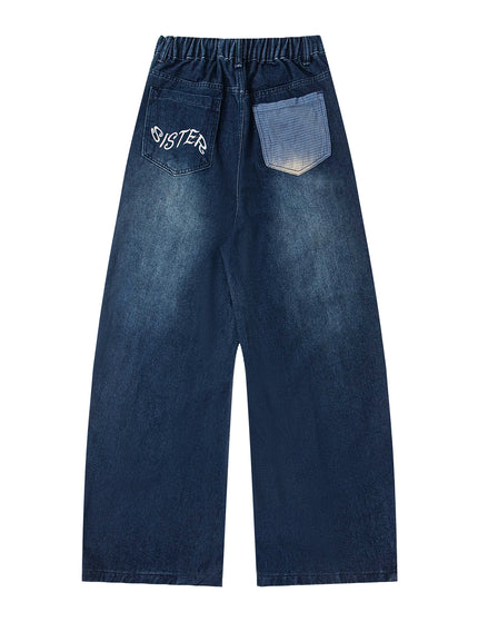 Retro Fun Patch Embroidery Denim Pants Unisex Trendy Design Wide Leg Loose Washed Tapered Jeans