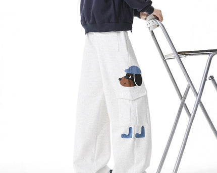 Pantalones de chándal bordados de estilo perro para hombres, retro, de múltiples bolsillos, pantalones casuales versátiles de calle alta, con cordón, sueltos y atléticos