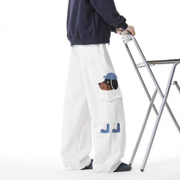 Style Dog Embroidery Sweatpants Men's Retro Multi-Pocket Casual Pants High Street Versatile Drawstring Loose Athletic Pants
