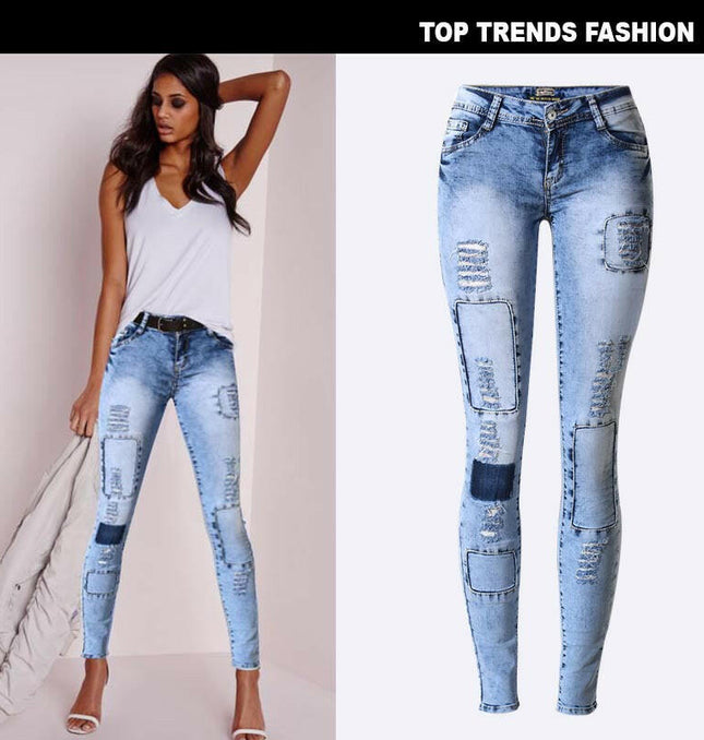 Grozavu Slim Stretch Denim Ripped Pencil Pants at €39.00