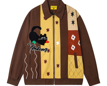 Stil Vintage Lustig Cartoon Katze Stickerei Patchwork Jacke Mantel