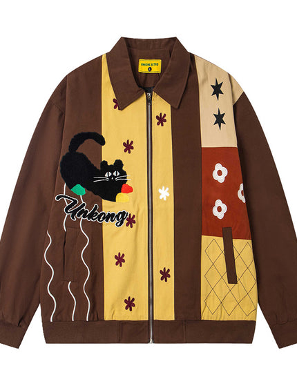 Style Vintage Fun Cartoon Cat Embroidery Patchwork Jacket Coat
