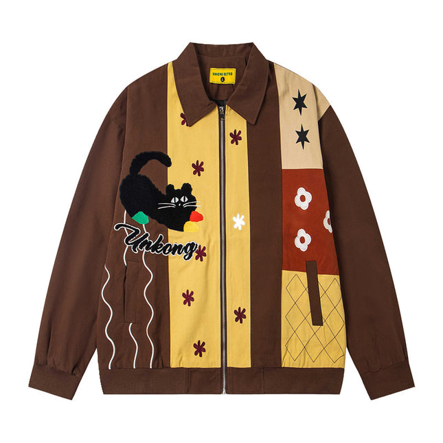 Style Vintage Fun Cartoon Cat Embroidery Patchwork Jacket Coat Unisex Loose Lazy Casual Top