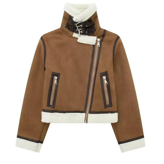 Jacheta din blană din piele artificială de miel a lui Grozavu: stil motociclist cu căldură cu centură