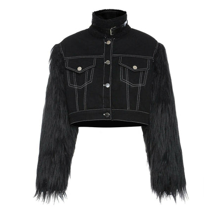 Stay Stylishly Cozy: Grozavu's Turtleneck Denim Jacket with PU Belt! at €93.99