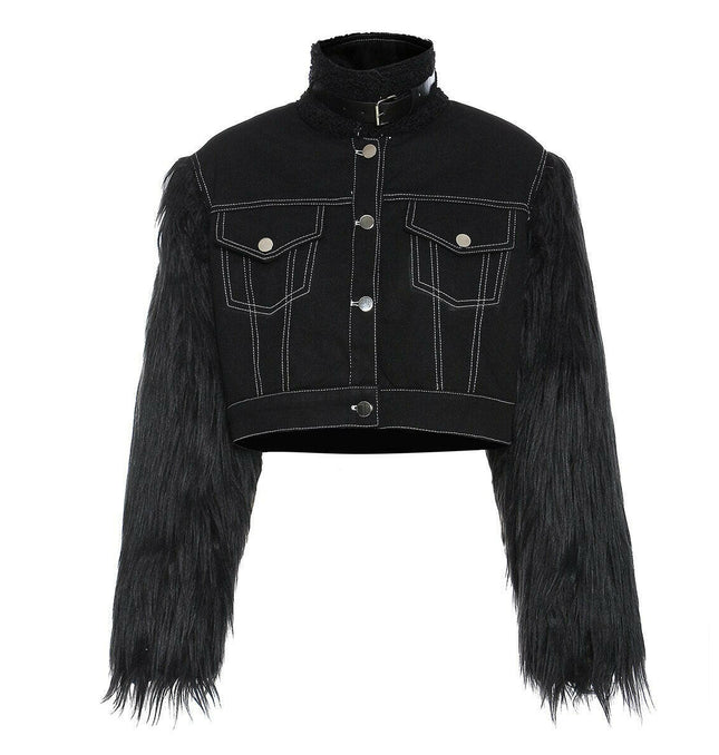 Stay Stylishly Cozy: Grozavu's Turtleneck Denim Jacket with PU Belt! at €93.99