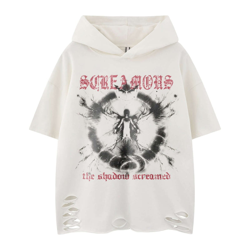 Dark Print Distressed Hooded Top styling detail - Premium Streetwear