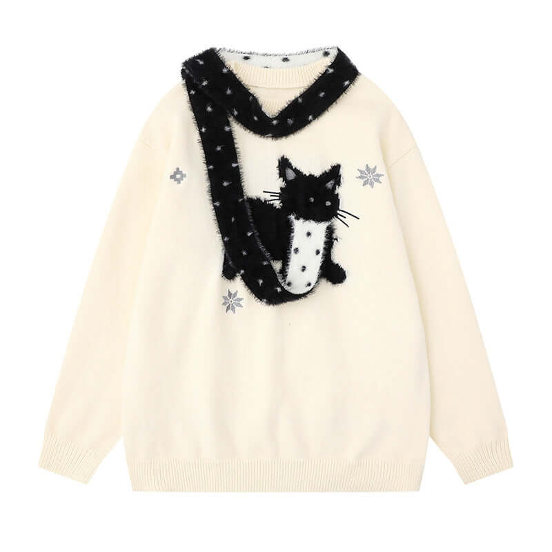 Front view of Cute Cat Knit Sweater Pattern - Grozavu brand streetwear