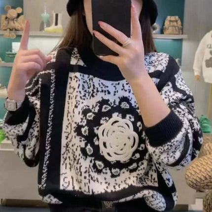 Camellia Jacquard Beaded Knit Sweater