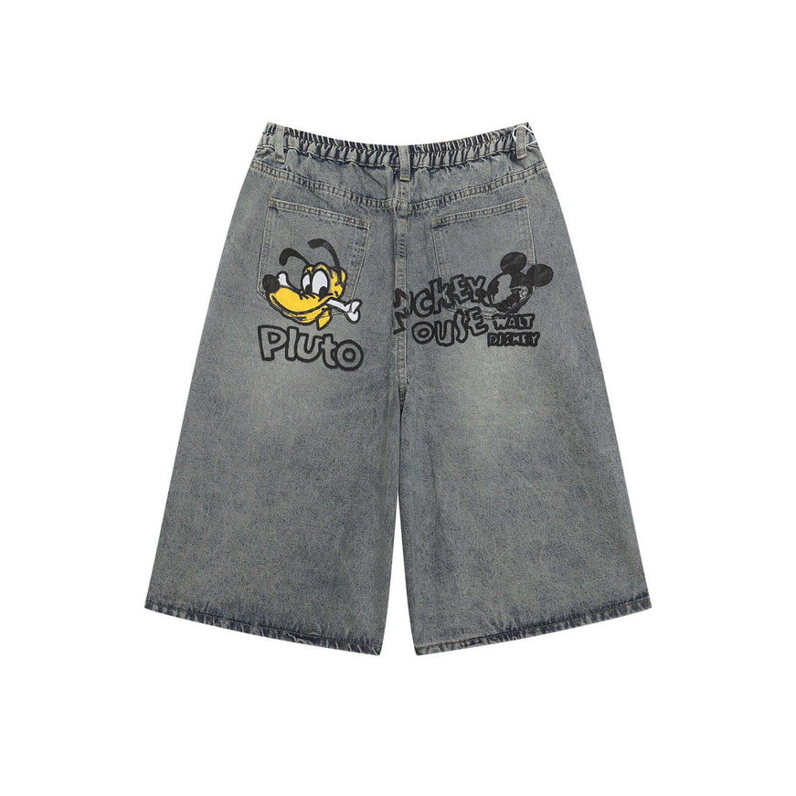 Denim Blue street washed mickey print trousers with Grozavu logo