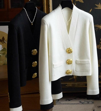 Grozavu's V-Neck Contrast Coat: Timeless Black & White with Gold Buckle Detail