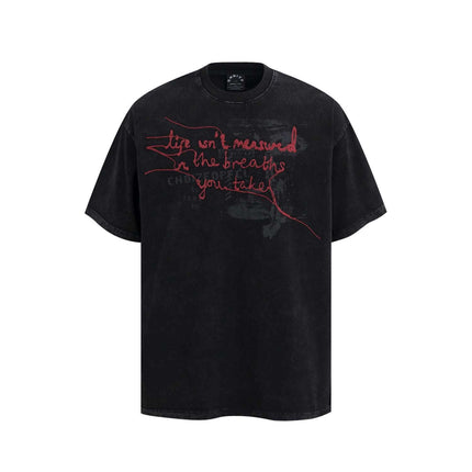 Retro Washed Face Letter T-Shirt – Loose Fit in black with red graphic text, perfect for relaxed summer style.