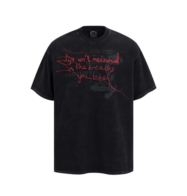 Retro Washed Face Letter T-Shirt – Loose Fit in black with red graphic text, perfect for relaxed summer style.