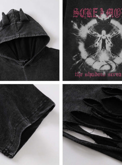 Back view of Black dark print distressed hooded top by Grozavu