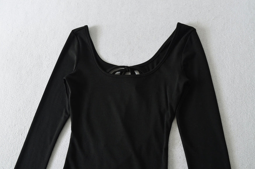 U-neck Striped Long Sleeved Elastic T-shirt Tight Top