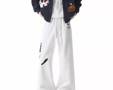 Pantalones de chándal bordados de estilo perro para hombres, retro, de múltiples bolsillos, pantalones casuales versátiles de calle alta, con cordón, sueltos y atléticos