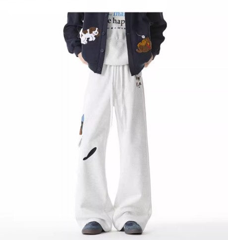 Pantalons de survêtement brodés pour chien Style Homme rétro à poches multiples Pantalons décontractés polyvalents à cordon de serrage amples et athlétiques de rue