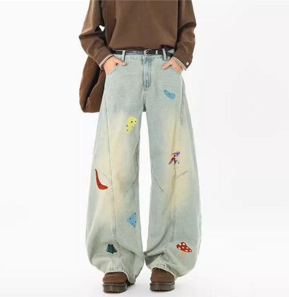 Jeans en patchwork amusants de streetwear pour hommes, tendance, déstructurés, brodés, pantalons à coupe propre, jeans droits lavés