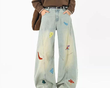 Jeans en patchwork amusants pour hommes de la rue principale, tendance automne, déstructurés, brodés, pantalons à taille haute, lavés, coupe droite