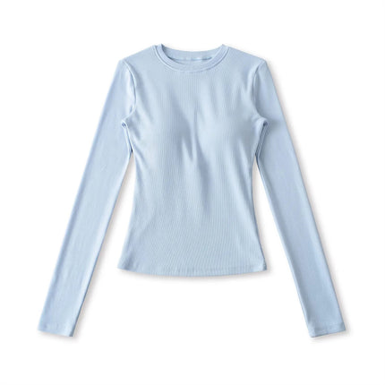 Elastic Vintage Round Neck Padded Long Sleeve T-Shirt Top
