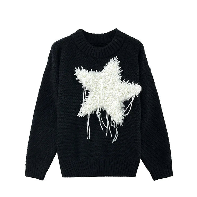 Stella Star Sweater Black & White Color block Pentagram Knit Pullover Long Sleeve Knitwear Jumpers Autumn/Winter Woman Clothing