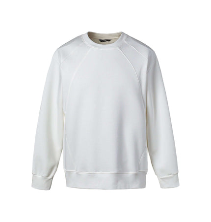 Round Neck Patchwork Pullover Hoodie in soft white fabric with a modern minimalist design.