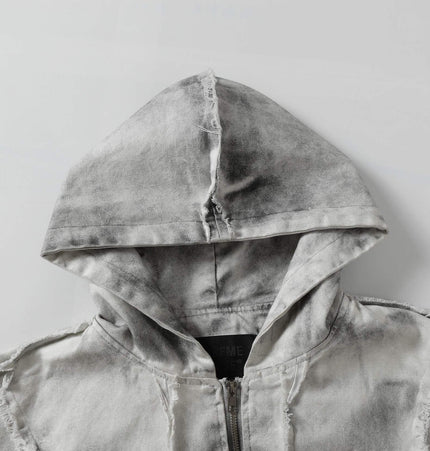 Spray Paint Spliced Jacket – Casual Fit with a stylish hood and unique distressed design in grey.