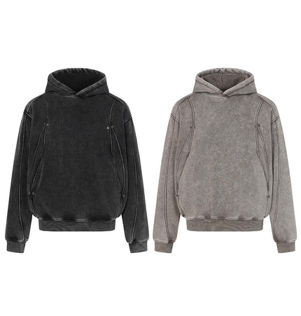 American Retro Washed Hoodie – Loose Fit in khaki and black, featuring a relaxed streetwear design.