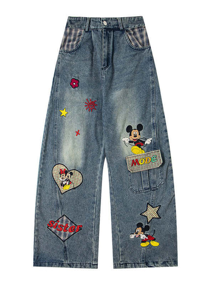 Model wearing Blue unique fun cartoon embroidery denim by Grozavu