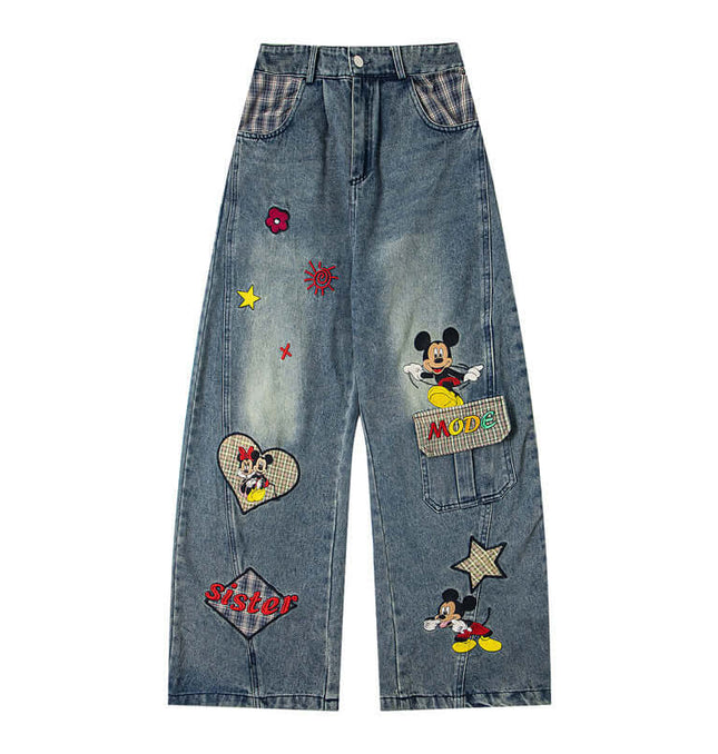 Style Unique Fun Cartoon Embroidery Denim Knife Pants Men  Brand Loose Wide Leg Straight Long Pants