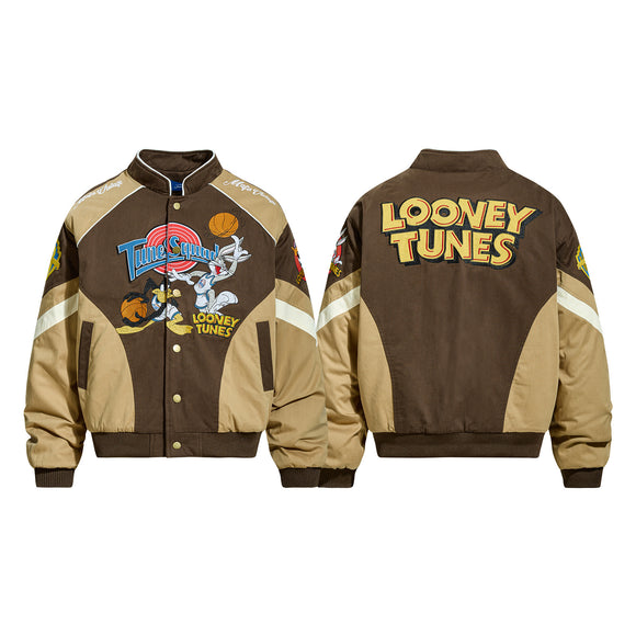 Retro Cartoon Embroidered Color-Blocked Thick Baseball Jacket for Men and Women, Casual Cotton Coat Winter