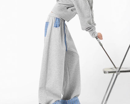 Plaid Color-Blocked Hoodie Pants for Men and Women Autumn Loose Casual Wide-Leg Pants Relaxed Fit Comfortable Sweatpants