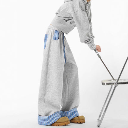 Plaid Color-Blocked Hoodie Pants for Men and Women Autumn Loose Casual Wide-Leg Pants Relaxed Fit Comfortable Sweatpants