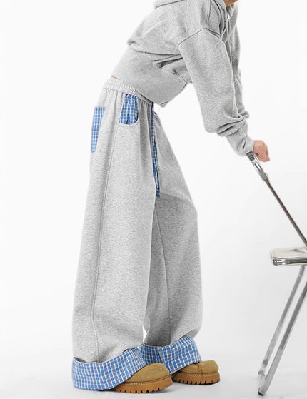 Plaid Color-Blocked Hoodie Pants for Men and Women Autumn Loose Casual Wide-Leg Pants Relaxed Fit Comfortable Sweatpants