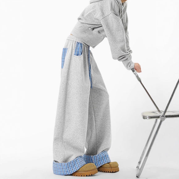 Plaid Color-Blocked Hoodie Pants for Men and Women Autumn Loose Casual Wide-Leg Pants Relaxed Fit Comfortable Sweatpants