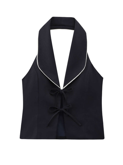 black sleeveless bow decoration patchwork neck with Grozavu logo