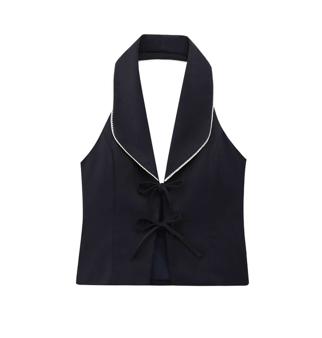 Sleeveless Bow Decoration Patchwork Neck styling detail - Premium Streetwear