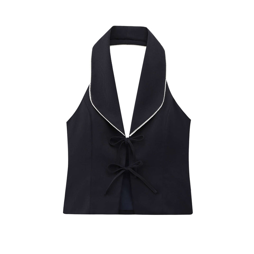 black sleeveless bow decoration patchwork neck with Grozavu logo
