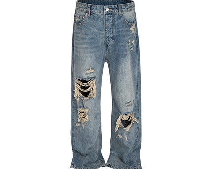 High Street Distressed Hole Denim Long Pants Washed Loose Wide Leg Jeans