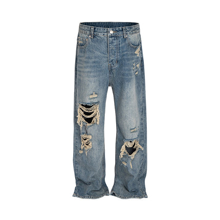 High Street Distressed Hole Denim Long Pants Washed Loose Wide Leg Jeans
