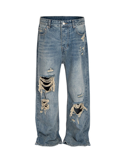 High Street Distressed Hole Denim Long Pants Washed Loose Wide Leg Jeans