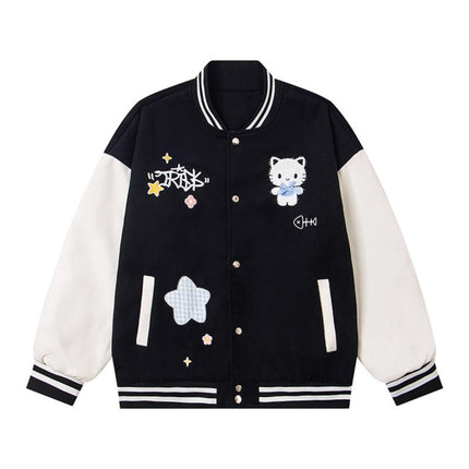 Embroidery Cute Cat Baseball Jacket Women Loose Korean Chic Jacket