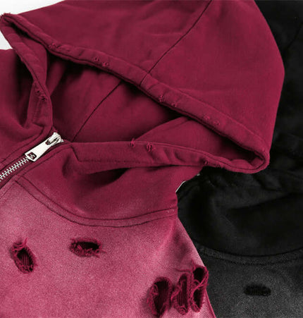 Tie-Dye Gradient Half-Zip Hoodie – Loose Fit featuring distressed details in burgundy and black colors.