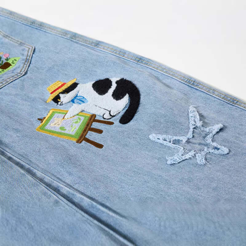 Denim Blue cartoon embroidery denim pants, with Grozavu logo