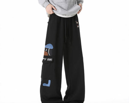 Dog Embroidery Sweatpants Men's Autumn Vintage Multi-Pocket Casual Pants High Street Versatile Drawstring Loose Sport Pants